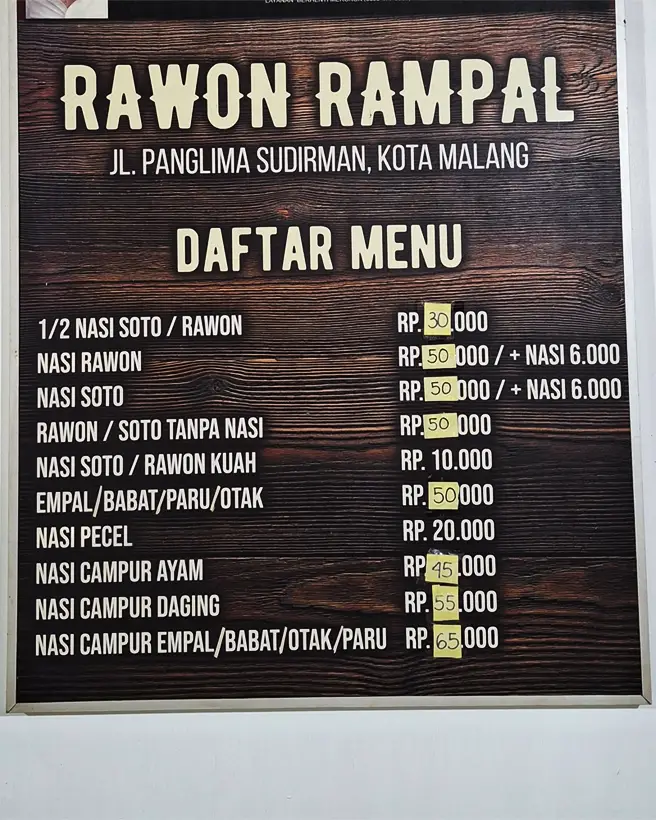 Daftar Menu Di Tempat Kuliner Rawon Rampal